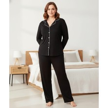 Temporium Kadın Büyük Beden Düğmeli Uzun Kollu Viskon Pijama Takımı