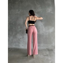 Defile Beli Kemerli Keten Pantolon Pembe