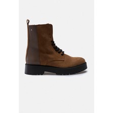 Rujo Deri Detaylı Taba  Fermuarlı Bağcıklı Hakiki Deri Süet Kadın Bot