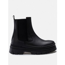 Rujo Siyah Hakiki Deri Yüksek Taban Lastikli Chelsea Kadın Bot