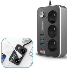 AyrStore Isıya Dayanıklı Termal Akım Korumalı 2 mt 10A 2500W 3lü Priz ve 3 Usbi 21A Uzatma Kablosu