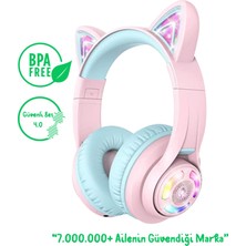 iClever Kedi Kulaklı LED Işıklı Güvenli Ses Sınırlı 50 Saat Oynatma Süreli Bluetooth Çocuk Kulaklığı Pembe BPA Free