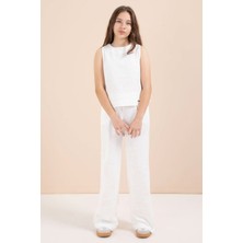 Cansın Mini Ekru Geniş Paça Pantolonlu Kız Çocuk Keten Croplu Takım 23450