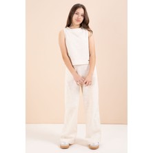 Cansın Mini Krem Geniş Paça Pantolonlu Kız Çocuk Keten Croplu Takım 23448