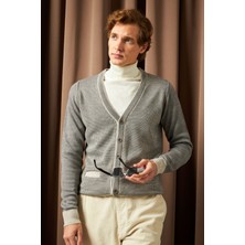 Erkek Düğmeli Hırka Cepli Desenli Çelik Örgü Klasik Kalıp - 5208M