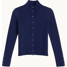 Mixray 6983 Kadın Dik Yaka Fitilli Çıtçıtlı Triko Hırka Lacivert