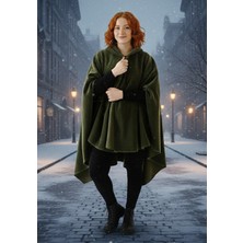 Exve Exclusive Haki Yeşil Sıcak Tutan Tüylenmez Polar Kapüşopnlu Unisex Outdoor Kampçı Panço Kışlık Düğmeli Şal