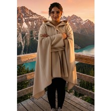 Exve Exclusive Bej Sıcak Tutan Tüylenmez Polar Kapüşopnlu Unisex Outdoor Kampçı Panço Kışlık Düğmeli Şal