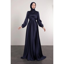 Tesettür Diyarı Yakadan Çaprazlı Bele Bağlamalı Tesettür Abiye- Lacivert