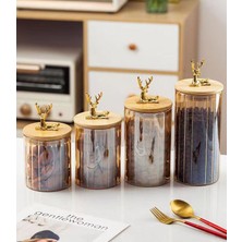 Borosilikat Cam Geyik Başlıklı Bambu Kapaklı Cam Kavanoz Seti 500-750-1000-1200 ml  Amber