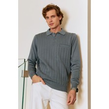 Erkek Polo Yaka Kazak Cepli Desen Çelik Örgü Klasik Kalıp - 5203F