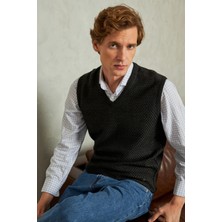 Erkek V Yaka Süveter Desenli Çelik Örgü Regular Kalıp - 5201H