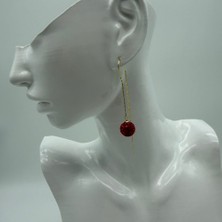 Mare Accessories Kırmızı Taşlı Uzun Zincir Sallantılı Gold Küpe