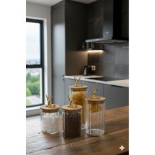 4lü Bambu Kapaklı Geyik Figürlü Şeffaf Cam Kavanoz Seti 500-750-1000-1200 ml