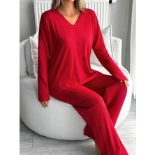 ModaSehle Kadın Uzun Kollu Yüksek Bel V Yaka Kırmızı Ikili Takım