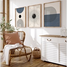 Pam Studio Güneş Desenli Mavi 3’lü Duvar Tablosu – Renk Seçenekli Modern Ahşap Çerçeveli Set