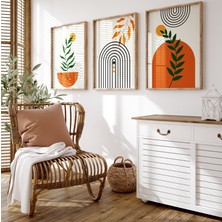 Pam Studio Turuncu ve Yeşil Tonlarda 3’lü Duvar Tablosu – Bitki ve Geometrik Desenli Modern Bohem Set