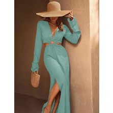 ModaSehle Kadın Bürümcük Kumaş Maxi Boy Yırtmaçlı Halka Detaylı Elbise