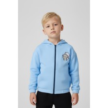 Unisex Çocuk %100 Pamuklu Kedi Nakışlı Kışlık Hırka  -Açık Mavi (3-4 Yaş 8-9 Yaş)