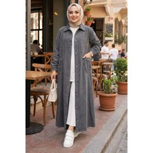 Harma Time Butik Kadın Düğmeli Cepli Denim Gri Kot  Kap