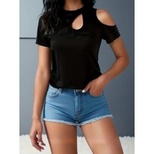 Kadın Kısa Kollu Tek Omuzu Açık Damla Detaylı Viskon Bluz