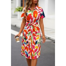 Kadın Kısa Kollu Yakalı Önü Düğmeli Önden Drapeli Desenli Süprem Elbise