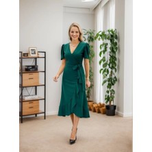 Kadın Kruvaze Yaka Midi Boy Kuşaklı Krep Elbise 120 cm