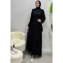 Tesettür Diyarı Prenses Model Taş Işlemeli Tesettür Abiye- Siyah
