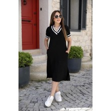 Kadın Kısa Kollu V Yaka Kol ve Yaka Ribana Detay Midi Boy Viskon Elbise