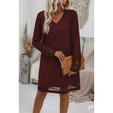 Kadın Uzun Kollu V Yakalı Tül Şerit Detaylı Mini Krep Elbise