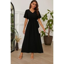 Kadın Kısa Kollu V Yakalı Beli Lastikli Uzun Viskon Elbise