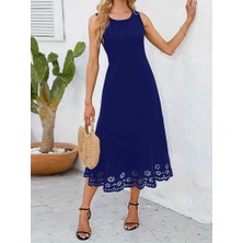 Kadın Kolsuz Etek Ucu Lazer Kesim Çiçek Desenli Midi Boy Ithal Krep Elbise