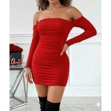 Kadın Uzun Kollu Omuzlardan Açık Takma Kollu Büzgülü Sandy Kısa Elbise