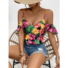 Kadın Askılı Omuzlardan Açık Çiçek Baskılı Bluz