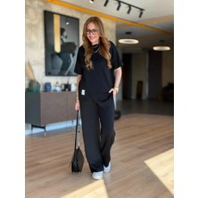 Kadın Kısa Kollu Bisiklet Yaka Asimetrik Viskon Iki Iplik Bluz ve Pantolon Ikili Takım