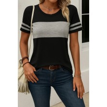 Kadın Kısa Kollu Bisiklet Yaka Çift Renkli Viskon Bluz