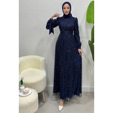 Tesettür Diyarı Prenses Model Taş Işlemeli Tesettür Abiye- Lacivert