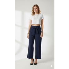 Ribana Classic Kadın Yüksek Bel Çimalı Bol Paça Cepli Beli Lastikli Bağlamalı Kumaş Pantolon