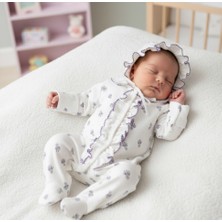 Eda Baby Sevimli Fırfırlı Lavanta Desenli Kendinden Eldivenli 0-3 Ay Bebek Tulum Seti