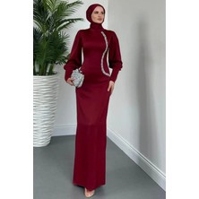 Tesettür Diyarı Saten Yandan Taşlı Kalem Abiye- Bordo
