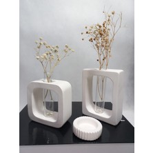 Emily Samy Beyaz Vazo Set 2'li ,kare-Dikdörtgen Formlu, Dekoratif Cam Tüplü, Kuru Çiçek Vazosu