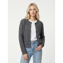 Qoolest Yünlü Gri Işıltılı Payetli Bisiklet Yaka Metal Düğmeli Örgü Desenli Triko Hırka