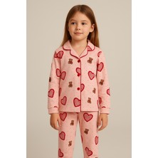 Kız Çocuk Kalpli Teddy Desenli Pijama Takımı Pembe