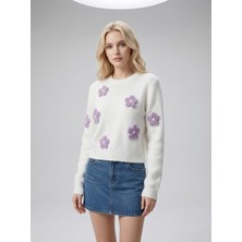 Qoolest Kadın Bordo Yünlü Çiçek Aplikeli Yumuşak Dokulu Triko Kazak