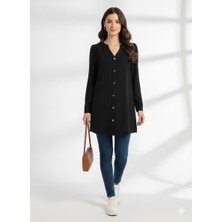 Ribana Classic Kadın Büyük Beden Düğme Detaylı Jesica Kumaş Katlama Kol Gömlek Yaka Tunik