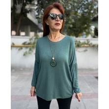 Denizege Butik Yumuşak Doku Kolyeli Italyan Triko Petrol Yeşil