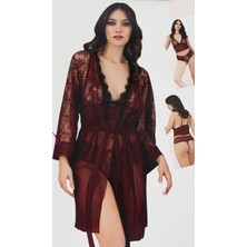 Lily Biance 3nbe   Kadın Kısa Tül Fantezi Gecelik Bordo 3 Parça 9033