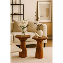 Rustik Meşe Renk Ahşap Yan Sehpa Seti 2li Masif Zigon ve Fiskos