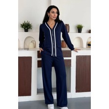 Ded Collection Kadın V Yaka Fermuarlı Beyaz Şerit Detaylı Cepli Modal Takım