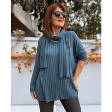 Denizege Butik Fularlı Fitilli Triko Petrol Mavi